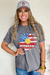 Women's USA Flag Pattern Sunflower Graphic Crew Neck T-Shirt