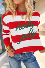 Women's Striped 'holly jolly' Letter Embroidered Pullover Sweatshirt CHRISTMAS