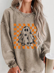 HALLOWEEN Women's Checkerboard Floral Ghost Graphic Corded Sweatshirt