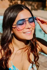 Women's Gold/Blue/Pink Aviator Sunglasses
