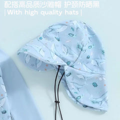 Unisex Baby Long-Sleeved Onesie Swimsuit with Sun Protection and Hat