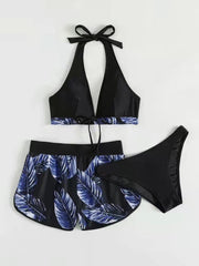 Women's Leaf Print Bikini Swimsuit plus Shorts
