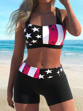 Women's American Flag Two-Piece Criss Cross Halter Bikini Swimsuit with Boxer Shorts Bottoms