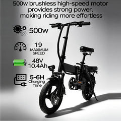 14" Folding Electric Bike 48V, 330 LB Load, 19 MPH, 28 Mile Range