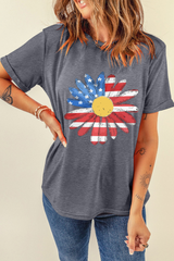 Women's USA Flag Pattern Sunflower Graphic Crew Neck T-Shirt