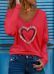 Women's Heart Pattern V-Neck Long-Sleeve T-shirt