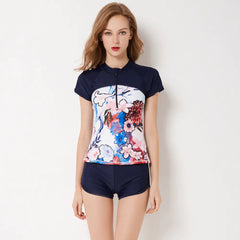 Women's Short Sleeve Two-Piece Rash Guard with Swim Shorts