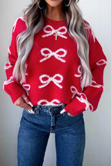 Women's Fiery Red All Over Bow Dropped Shoulder Round Neck Shift Sweater CHRISTMAS