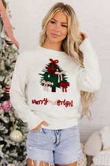 Women's White 'Merry and Bright' Christmas Tree Bow Drop Shoulder Knit Sweater