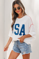 Women's White 'USA' Graphic Half Sleeve Loose Ribbed Top - Size XL