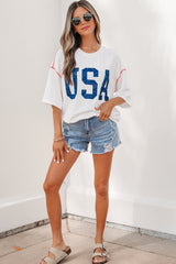 Women's White 'USA' Graphic Half Sleeve Loose Ribbed Top - Size XL