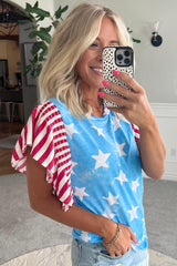 Women's Vintage Stars and Stripes Ruffle Sleeve T-Shirt