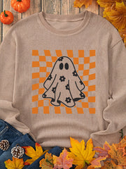 HALLOWEEN Women's Checkerboard Floral Ghost Graphic Corded Sweatshirt