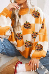 Women's Pumpkin Checkered Round Neck Long Sleeve Sweater AUTUMN