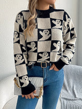 HALLOWEEN Women's Ghost Pattern Checkered Round Neck Sweater