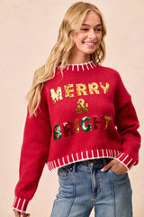 CHRISTMAS Women's 'Merry & Bright' Sequin Lettering Sweater