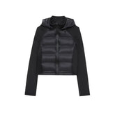 Women's Black Patchwork Thermal Long-Sleeve Hooded Cotton-Padded Jacket