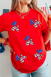 Women's Patriotic Balloon Puppy Sequin Graphic Crewneck T-Shirt - Size M