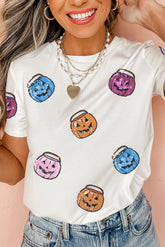 HALLOWEEN Women's Sequin Pumpkin Face Patched Crew Neck T-Shirt