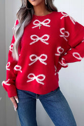 Women's Fiery Red All Over Bow Dropped Shoulder Round Neck Shift Sweater CHRISTMAS