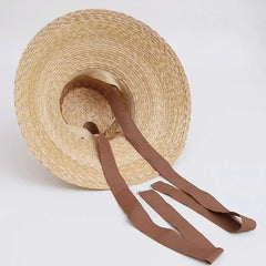 Women's Handmade Wide Brim Wheat Straw Hat with Chin Strap