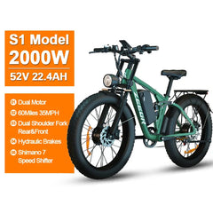 Zeegr S1 2000W Dual Motor AWD Fat Tire E-Bike, 52V, 60-Mile Range