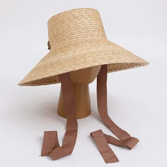 Women's Handmade Wide Brim Wheat Straw Hat with Chin Strap