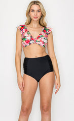 Women's High Waisted Two-Piece Bikini Swimsuit - Flower Bouquet