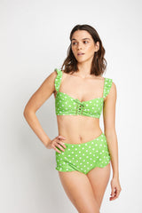 Women's Two-Piece Bikini Swimsuit with Boy Shorts - Lime/White Dot