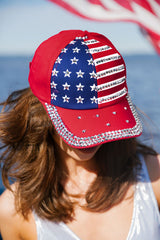 Women's Fiery Red American Flag Rhinestone Decor Trucker Hat