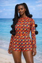 Women's 'Mosaic 54' Long Sleeve Zip-Up Surfer Bodysuit/Rash Guard One-Piece Swimsuit