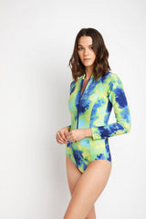 Women's Long Sleeve One-Piece Rash Guard - Ocean Tie Dye