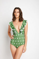 Women's Deep-V One-Piece Swimsuit - Olive Green White Polka Dot