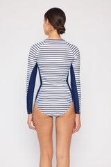 Women's Log Sleeve One-Piece Rash Guard - Navy White Stripe
