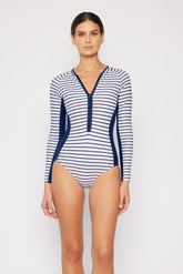 Women's Log Sleeve One-Piece Rash Guard - Navy White Stripe