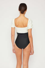 Women's Puff Sleeve One-Piece Swimsuit - Cream/Black