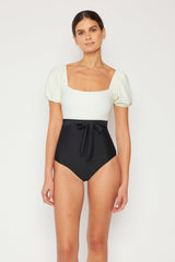 Women's Puff Sleeve One-Piece Swimsuit - Cream/Black