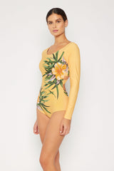 Women's Long Sleeve One-Piece Rash Guard Swimsuit - Aloha Beige