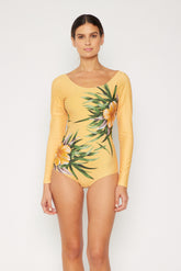 Women's Long Sleeve One-Piece Rash Guard Swimsuit - Aloha Beige