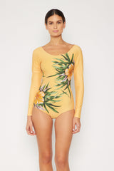 Women's Long Sleeve One-Piece Rash Guard Swimsuit - Aloha Beige
