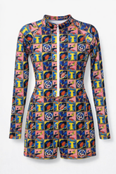 Women's 'Mosaic 54' Long Sleeve Zip-Up Surfer Bodysuit/Rash Guard One-Piece Swimsuit