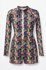 Women's 'Mosaic 54' Long Sleeve Zip-Up Surfer Bodysuit/Rash Guard One-Piece Swimsuit