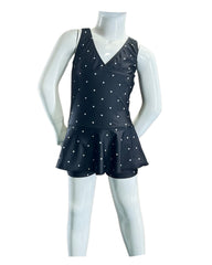 Girl's One-Piece Swim Dress with Boy Shorts - Black/White Dot