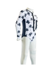 Girl's Long Sleeve One-Piece Rash Guard - Black Palms on White