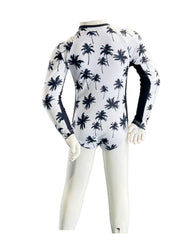 Girl's Long Sleeve One-Piece Rash Guard - Black Palms on White