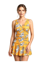 Women's One-Piece Swim Dress with Boy Shorts - Rose Mustard