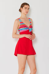 Women's One-Piece Swim Dress - Zigzag Red