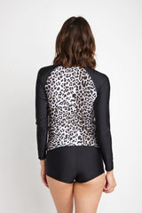 Women's Two-Piece Long Sleeve Rash Guard with Boy Shorts - Black Leopard