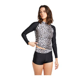 Women's Two-Piece Long Sleeve Rash Guard with Boy Shorts - Black Leopard