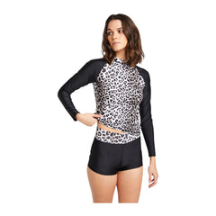 Women's Two-Piece Long Sleeve Rash Guard with Boy Shorts - Black Leopard